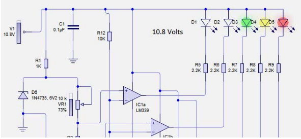 Simulation of battery level indicator with 10.8 Volt battery
voltage level